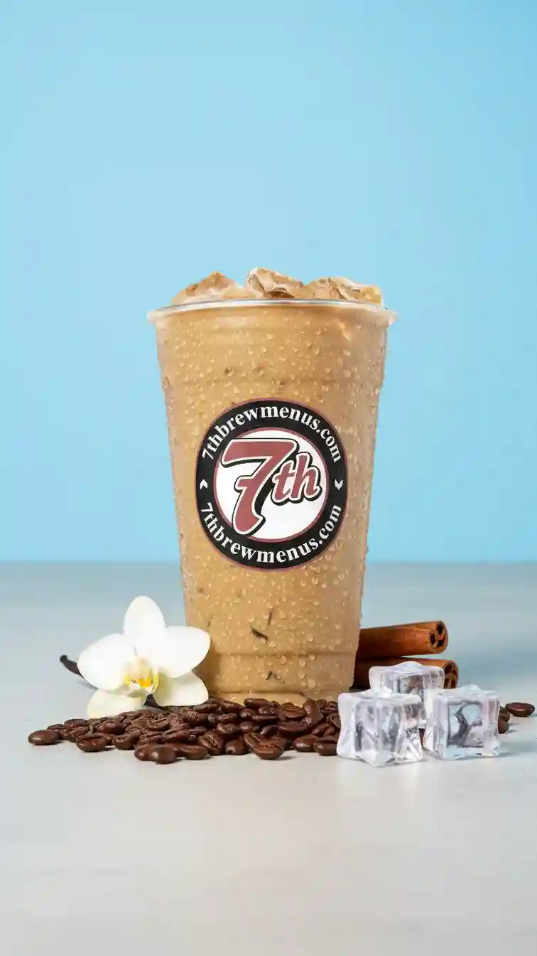 Clear cup of the popular cinnamon roll coffee from the 7 Brew menu.