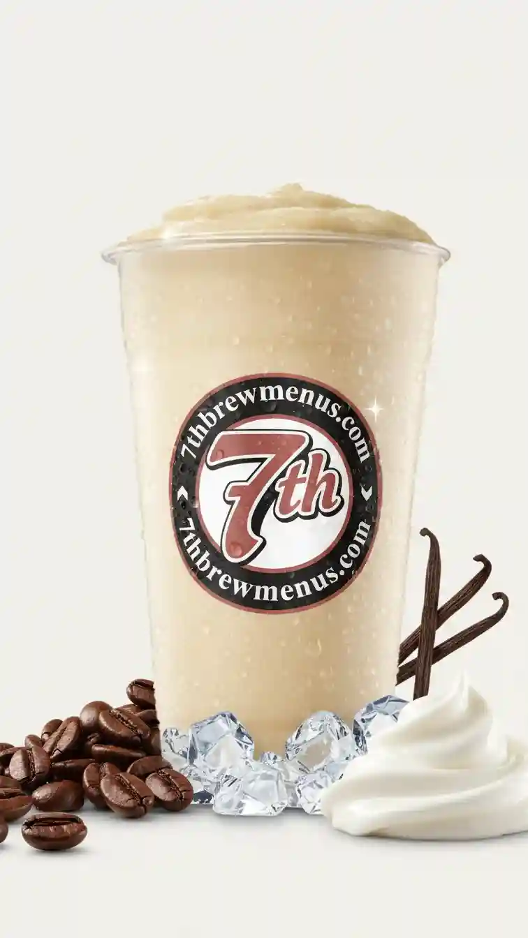 Clear cup of a Birthday Cake Shake specialty drink from the 7 Brew menu.