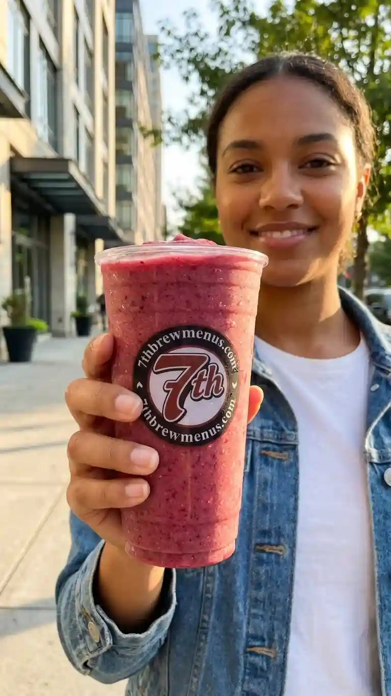 Blackberry Cobbler Wildberry Smoothie from the 7 Brew menu, shown iced in a clear cup.