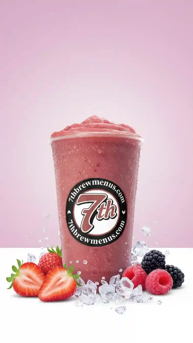 Vibrant blue Pomegranate Smoothie from the 7 Brew menu, shown iced in a clear cup.