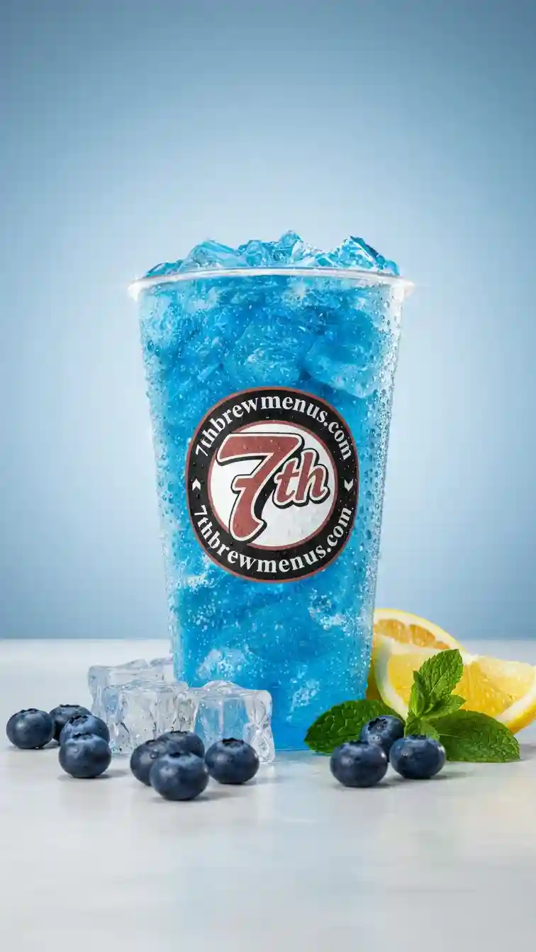 Refreshing 7 Blue Raspberry Lemonade drink served in a clear plastic cup with ice.