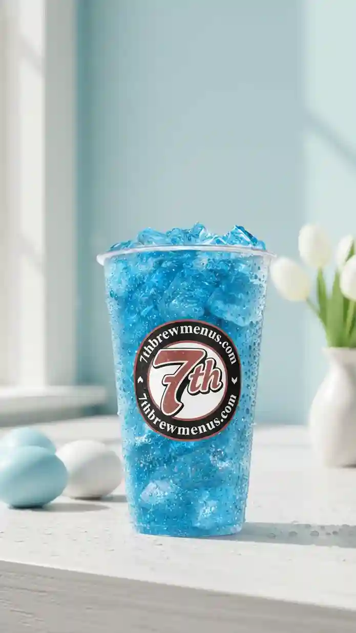 7 Brew Brew Lagoon 7 Fizz soda drink, customized with flavor and served iced in a clear cup.