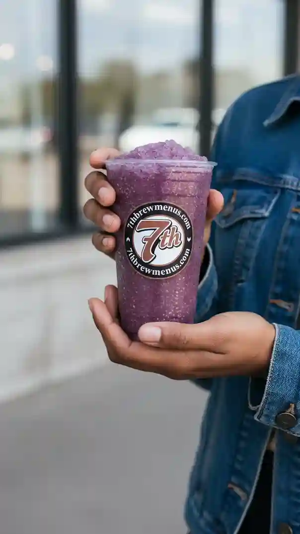 7 Brew Brewberry 7 Energy drink in a clear plastic cup.