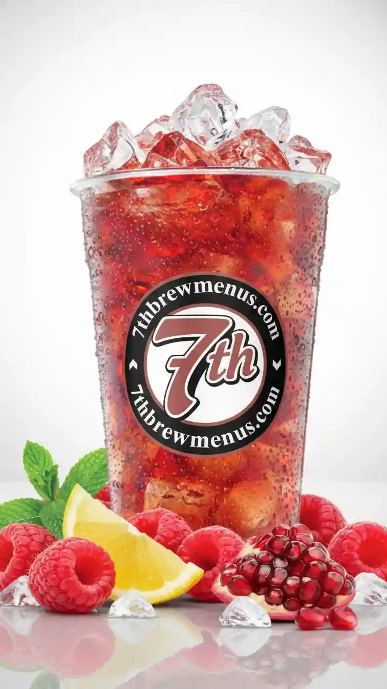 Iced 7 Brew Cherry Blossom Fizz specialty drink served in a clear cup.