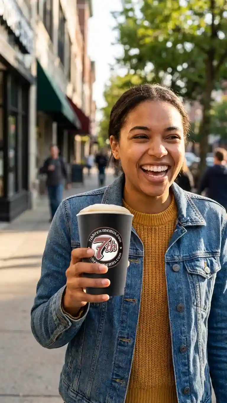 Branded black cup holding a hot Cinnamon Spice specialty drink from the 7 Brew menu.
