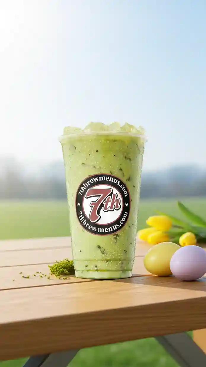 clear cup holding a Cloud 9 Matcha Latte from the 7 Brew drink menu.