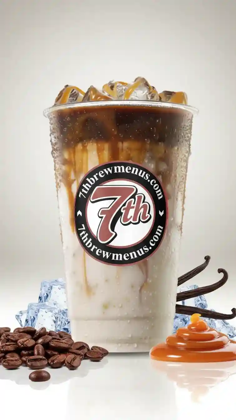 Clear cup of a refreshing Funnel Cake Macchiato specialty drink from the 7 Brew menu.