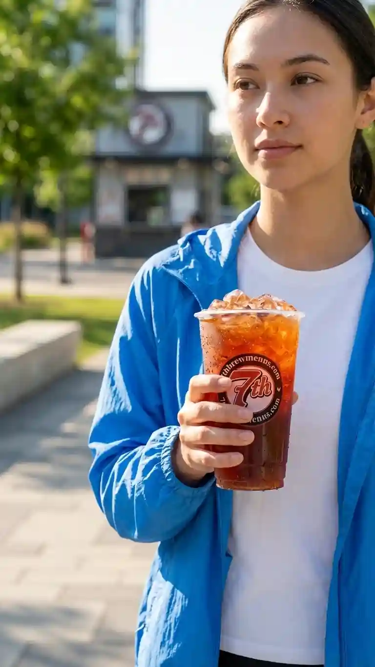 Clear cup of a refreshing Hazelnut Americano drink from the 7 Brew menu.