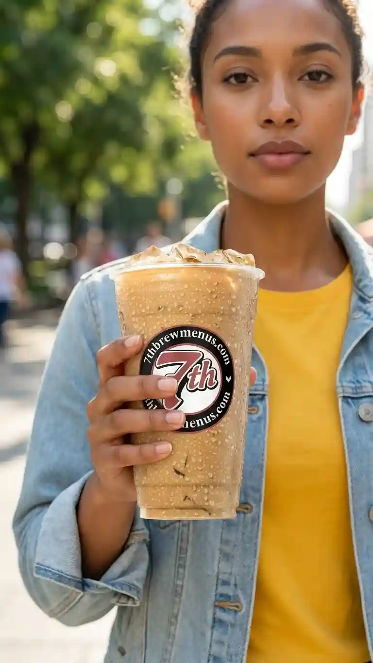 Clear cup of a refreshing Honeybun Breve drink from the 7 Brew menu.