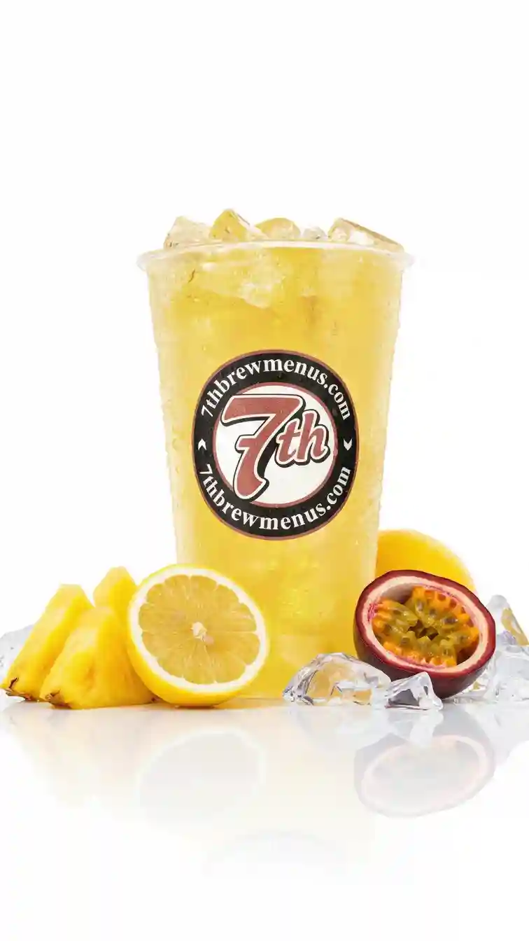 Iced 7 Brew Mango Fizz specialty drink served in a clear cup.