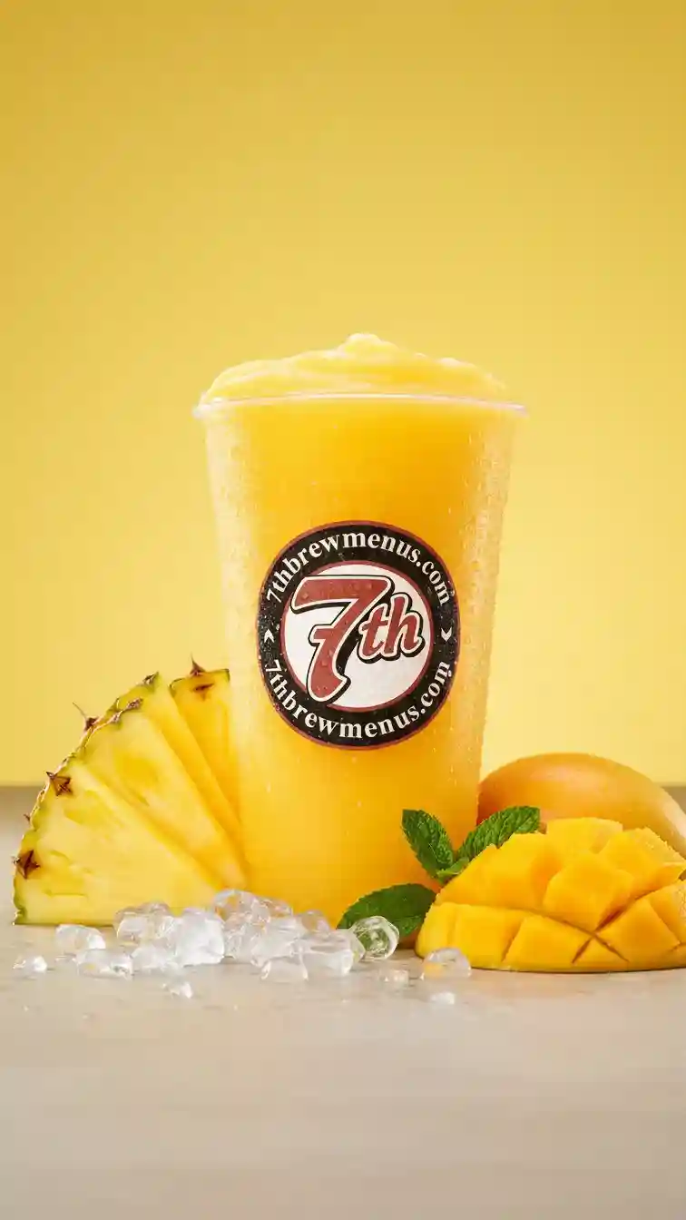Clear cup showing the thick, refreshing Mango Smoothie from the 7 Brew menu.