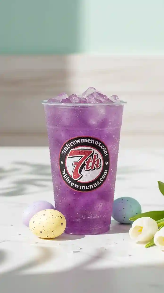 Iced 7 Brew Midnight Rain Fizz specialty drink served in a clear cup.