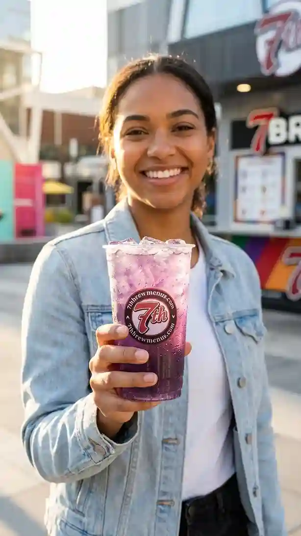 Iced 7 Brew Nightshade Fizz specialty drink served in a clear cup.