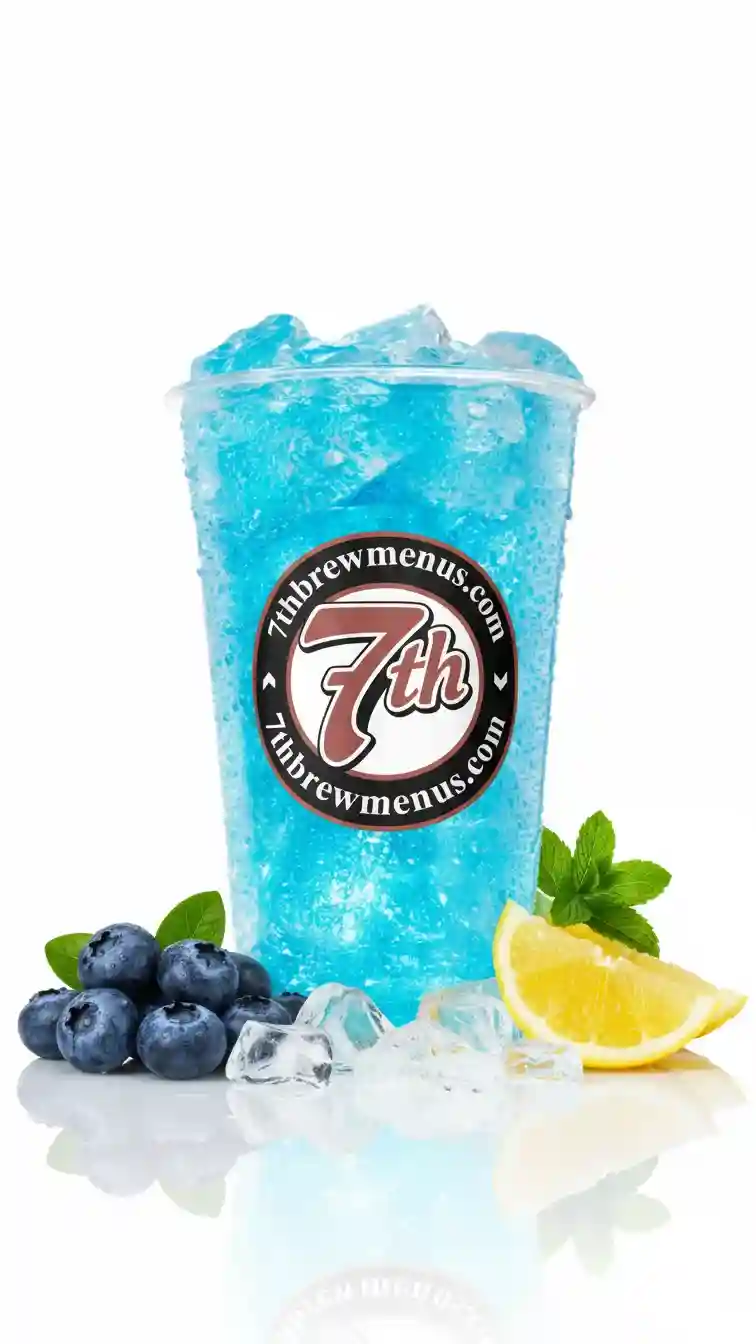 7 Brew Ocean Breeze Seven Energy drink in a clear plastic cup.