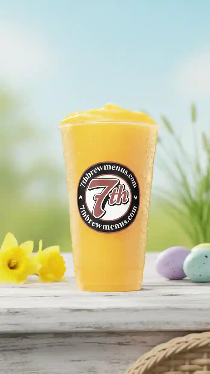 Clear cup showing the thick, refreshing Peach Smoothie from the 7 Brew menu.