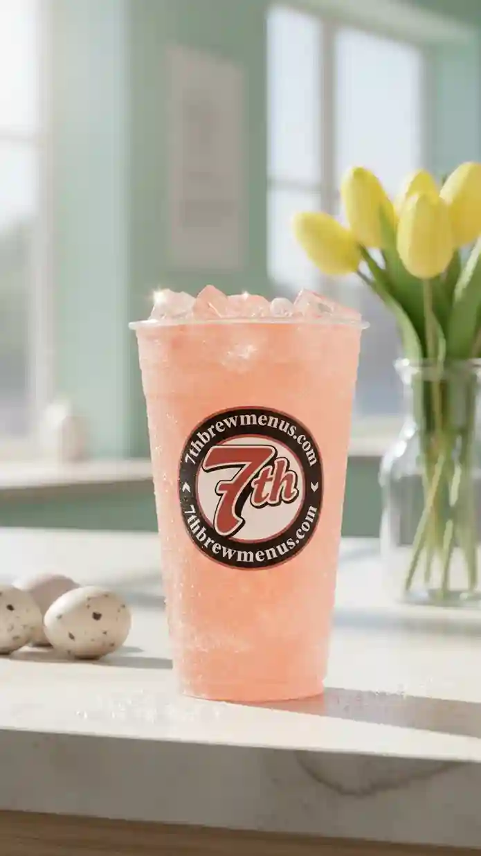 7 Brew Peaches N Cream 7 Fizz soda drink, customized with flavor and served iced in a clear cup.