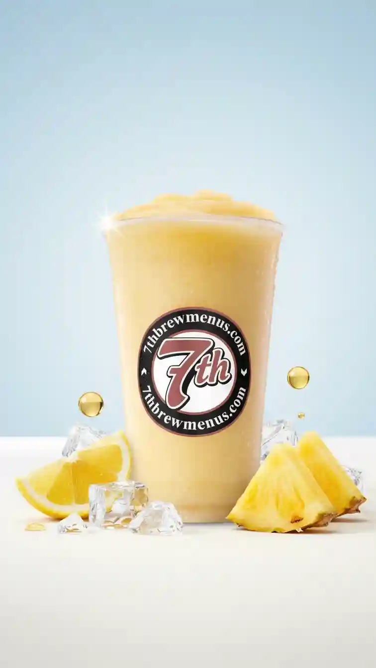 Clear cup showing the thick, refreshing Pina Colada Smoothie from the 7 Brew menu.