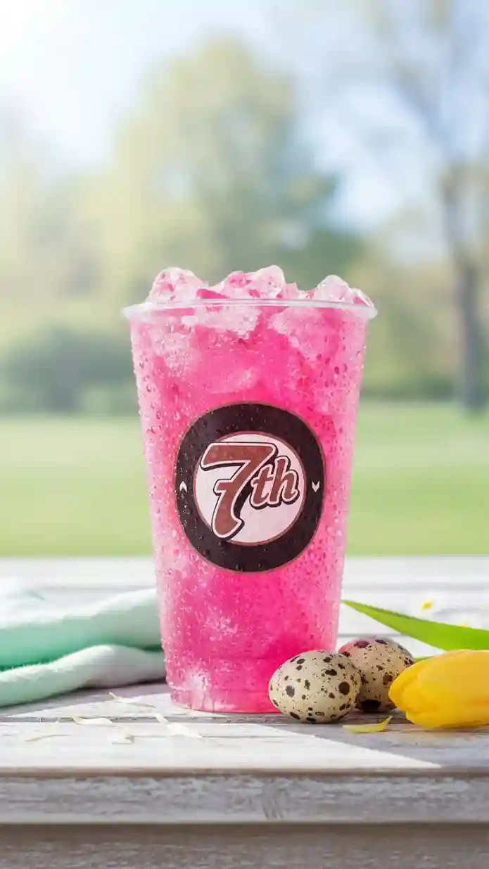 7 Brew Pink Mermaid 7 Fizz soda drink, customized with flavor and served iced in a clear cup.