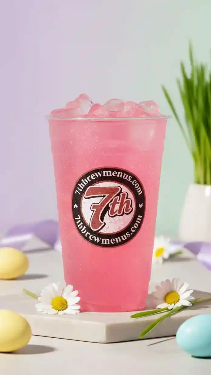 Iced 7 Brew Pink Paradise Lemonade specialty drink served in a clear cup.