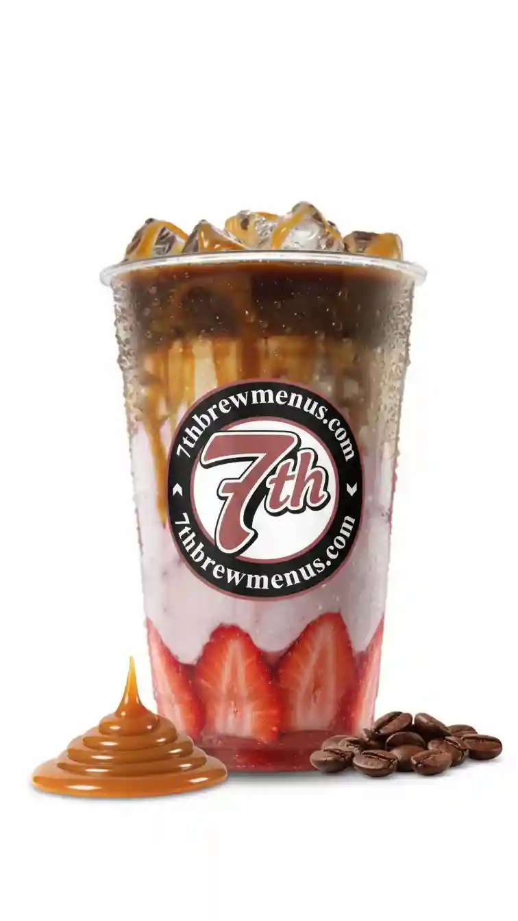 Clear cup of a refreshing Raspberry Truffle Macchiato specialty drink from the 7 Brew menu.