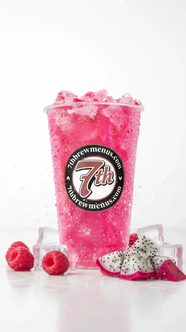 Iced 7 Brew Strawberry Fizz specialty drink served in a clear cup.
