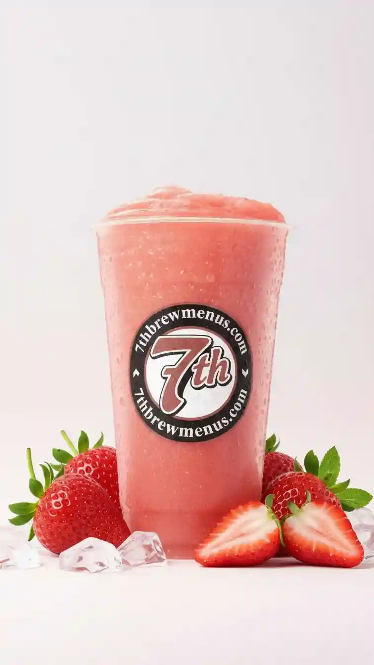 Clear cup showing the pink, refreshing Strawberry Smoothie from the 7 Brew menu.