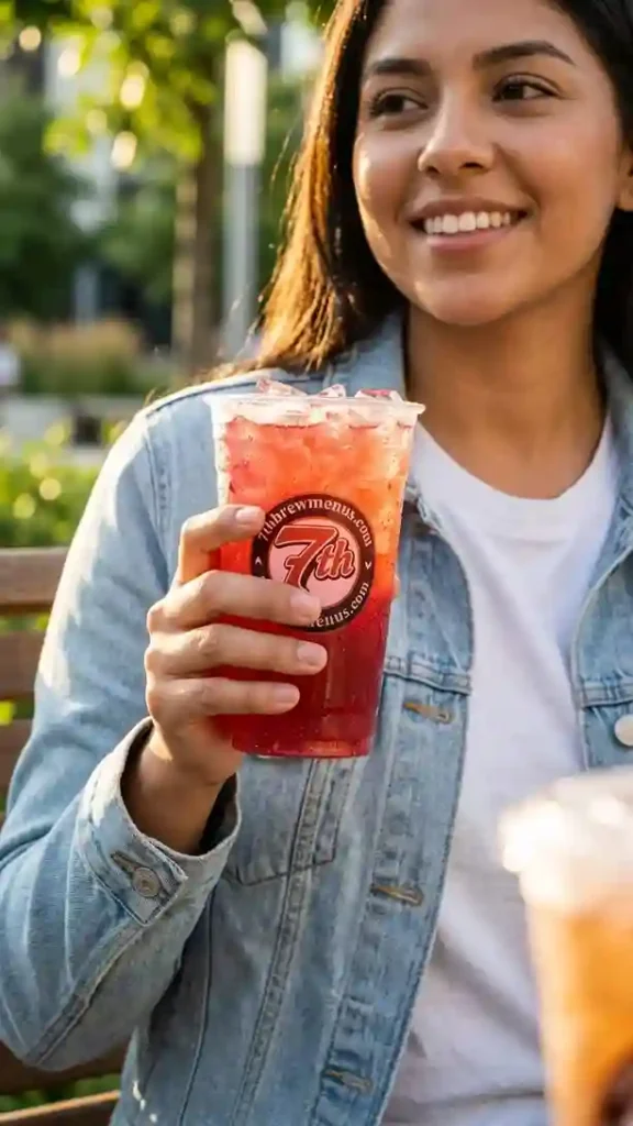 7 Brew Sunrise Seven Energy drink in a clear plastic cup.