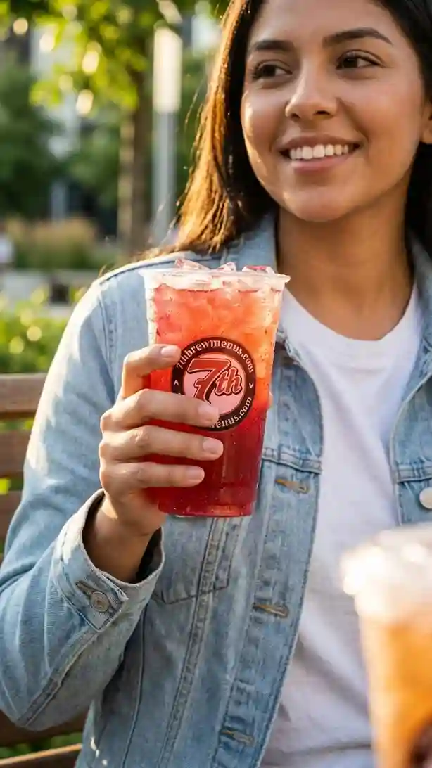 7 Brew Sunrise Seven Energy drink in a clear plastic cup.