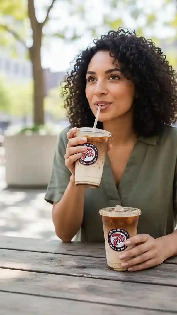 Iced 7 Brew Blondie coffee drink served in a clear cup.