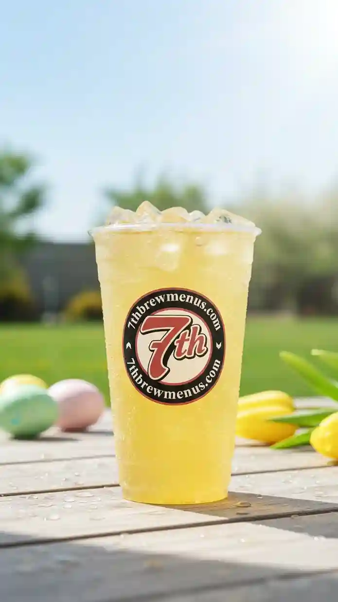 7 Brew Tropic Thunder Seven Energy drink in a clear plastic cup.