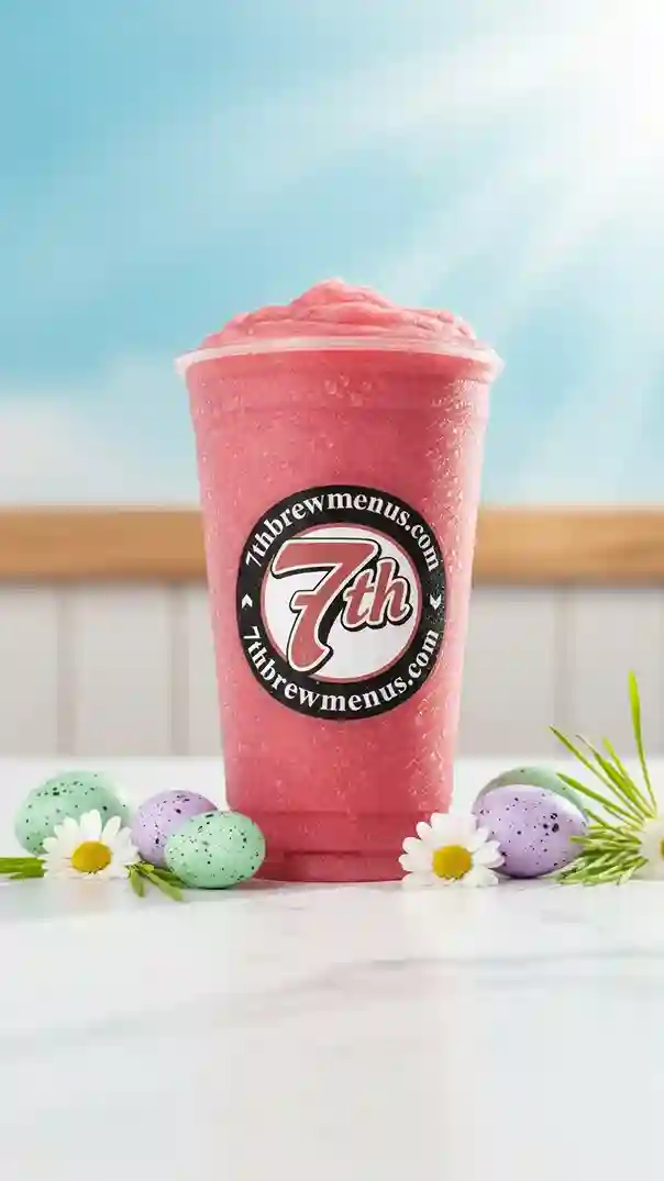 Banana Strawberry Smoothie from the 7 Brew menu, shown iced in a clear cup.