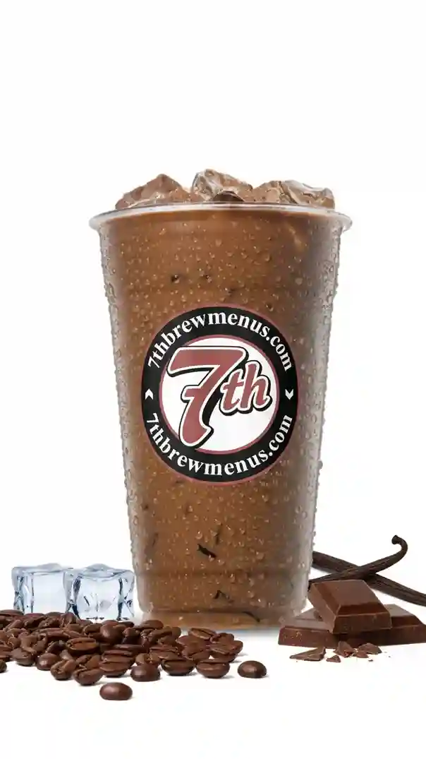 7 Brew German Chocolate coffee drink in a clear cup with whipped cream topping.