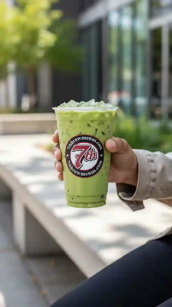 Iced 7 Brew Matcha Latte in a clear cup, showing the vibrant green tea and milk.