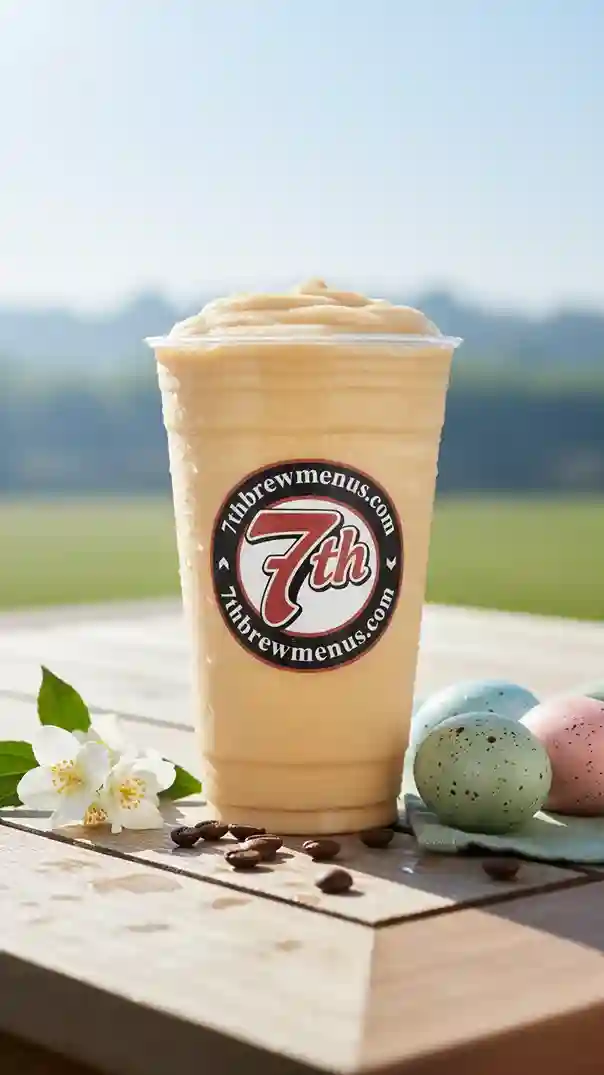 Clear cup of a refreshing Rocky Road Shake specialty drink from the 7 Brew menu.