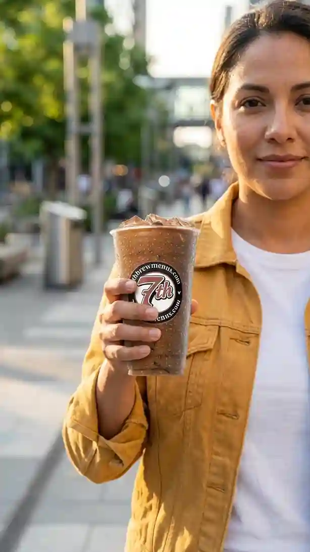 7 Brew Snickerdoodle Mocha coffee drink in a clear cup with whipped cream topping.