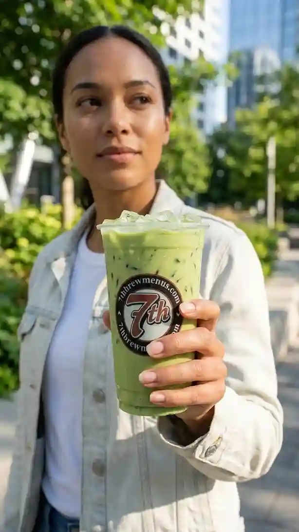 clear cup holding a Strawberry Matcha Latte from the 7 Brew drink menu.