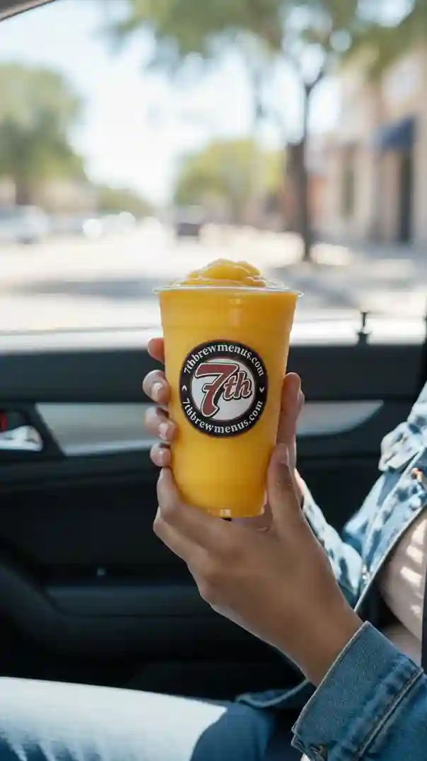 Tiki Tango Mango Smoothie from the 7 Brew menu, shown iced in a clear cup.