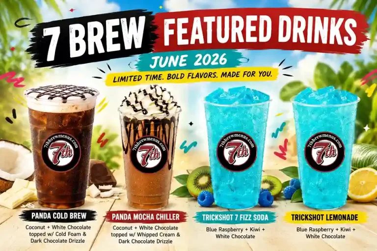 7 Brew June 2026 featured drinks promotion showing four limited-time beverages: Panda Cold Brew, Panda Mocha Chiller, Trickshot 7 Fizz Soda, and Trickshot Lemonade.