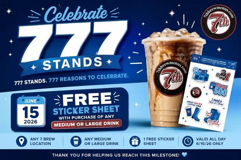 7 Brew 777 Celebration free sticker sheet offer June 15 2026