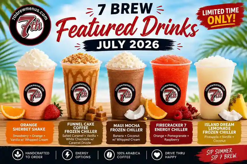 7 Brew featured drinks July 2026 promotional graphic featuring the Orange Sherbet Shake, Funnel Cake Coffee Frozen Chiller, Maui Mocha Frozen Chiller, Firecracker 7 Energy Chiller, and Island Dream Lemonade Frozen Chiller with a tropical summer background.