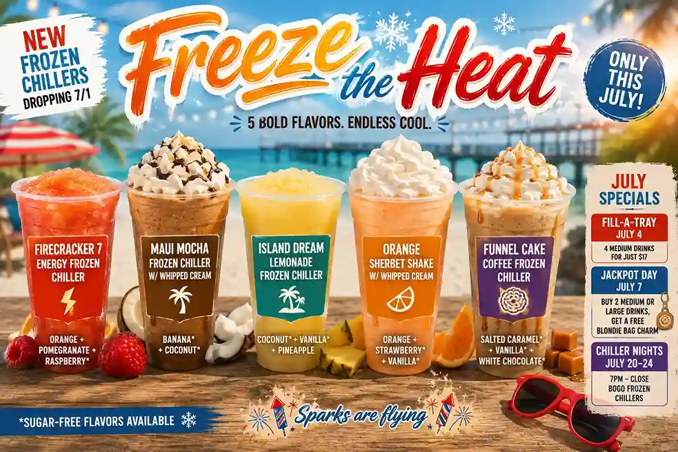 Freeze the Heat at 7 Brew with five limited-time Frozen Chillers and July summer drink specials.